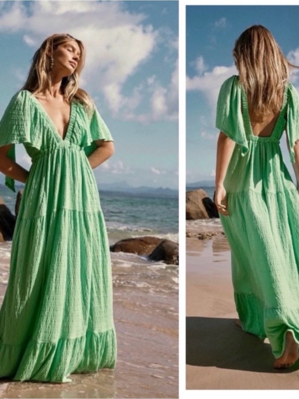 Free People Green Maxi Dress with Deep V and Flutter Sleeves